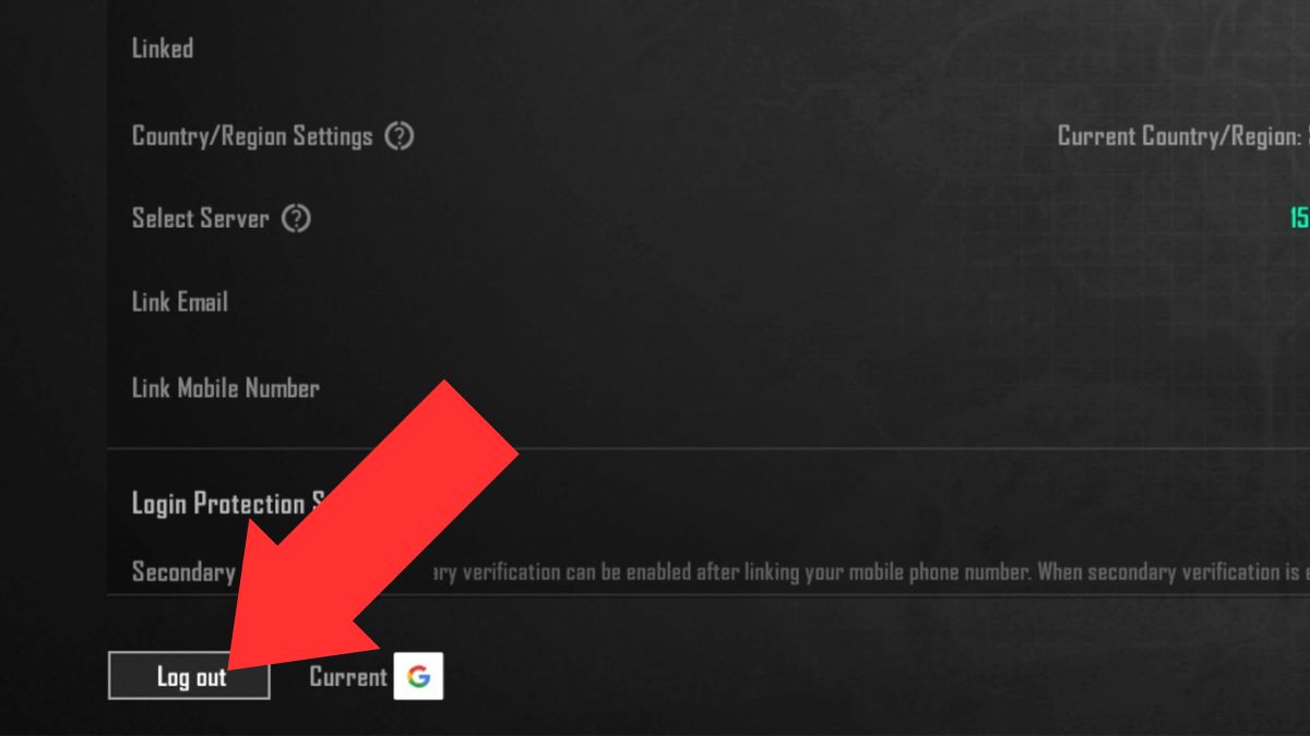 An arrow shows the location of the log out button on PUBG mobile