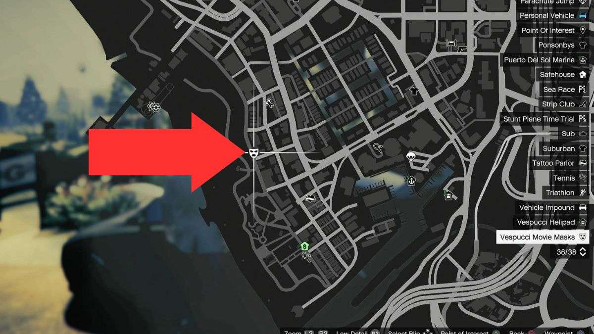 Map with an arrow showing where to buy masks in GTA V and GTA Online.