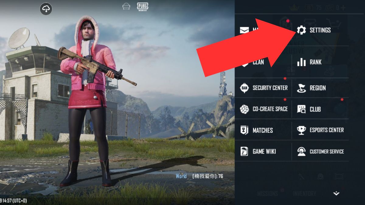 An arrow shows the location of the settings button needed when logging out of PUBG Mobile