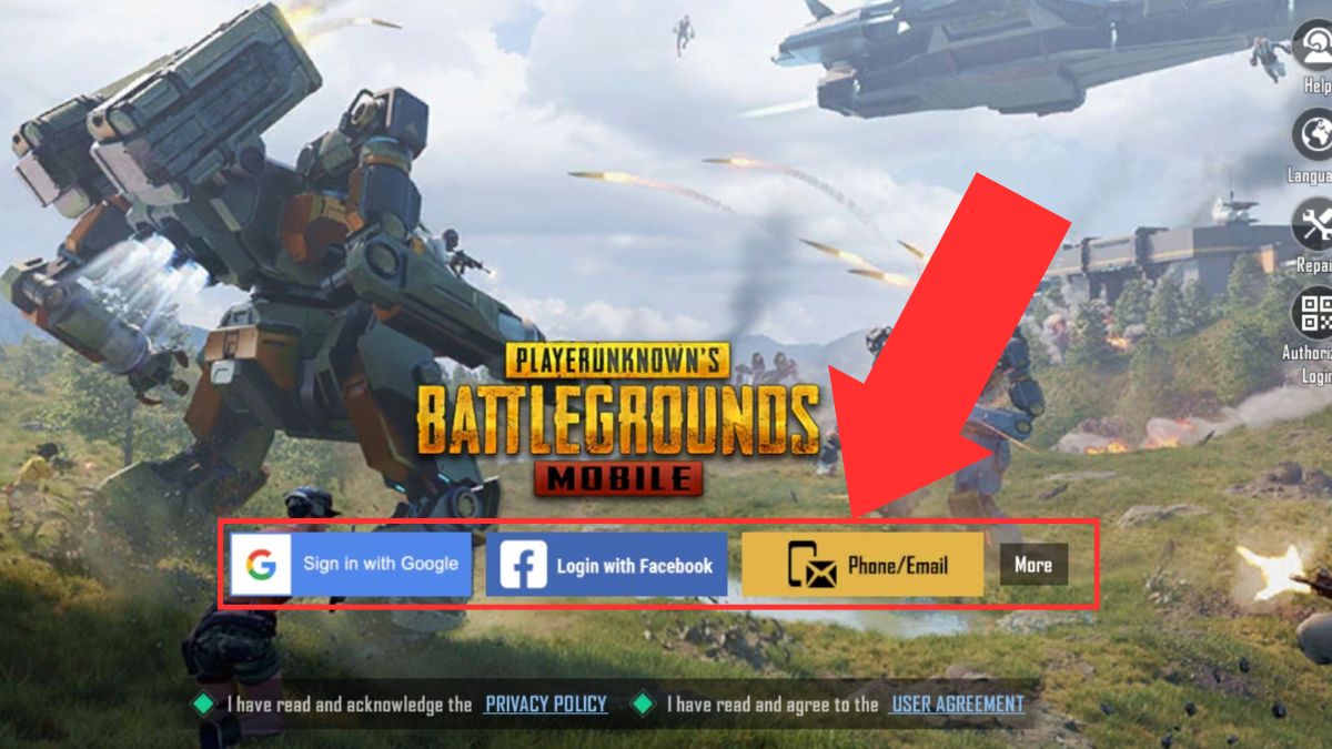 Arrow showing the log in buttons on PUBG mobile after logging out.