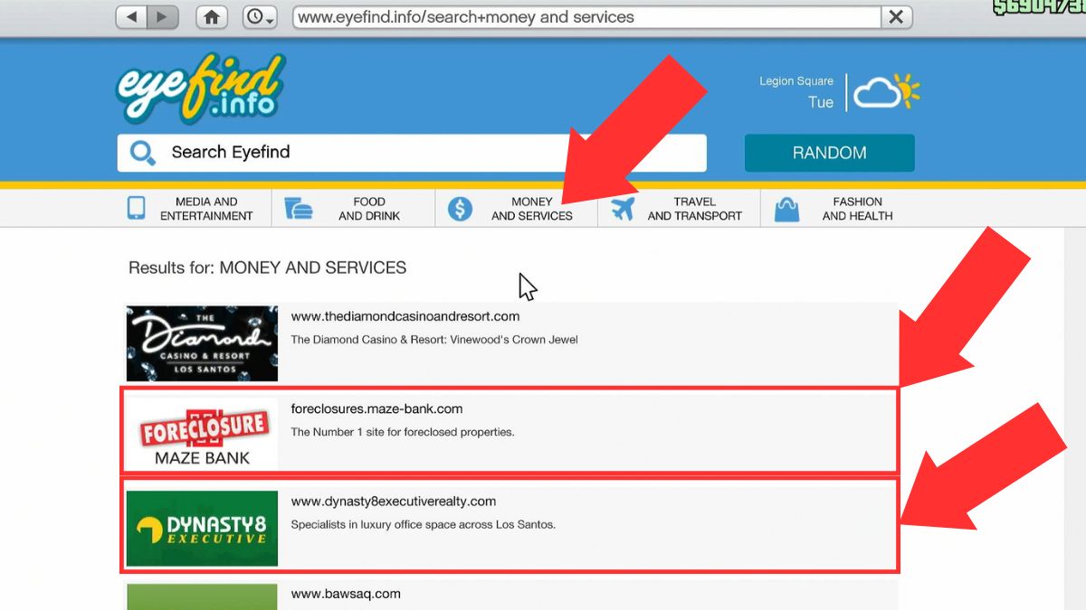 Arrows showing how to buy a business on GTA online's internet browser