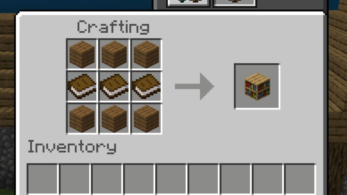 The bookshelf recipe showing how to make a bookshelf in Minecraft.