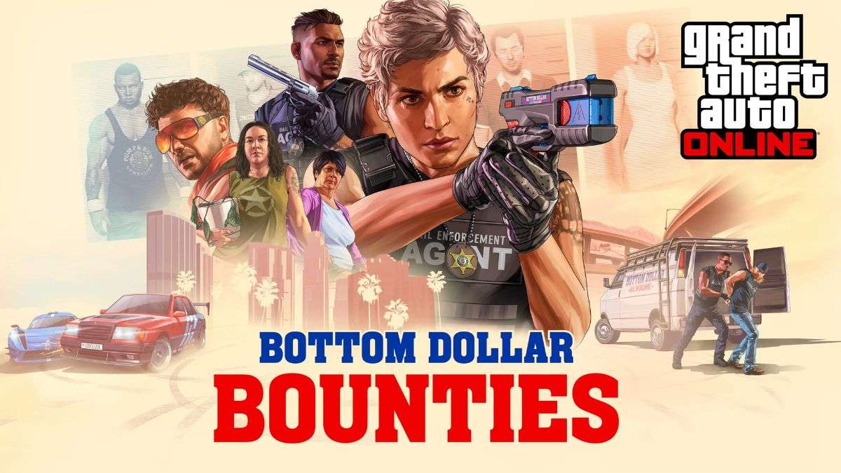 Bottom Dollar Bounties trailer image showing several characters from the new GTA Online update