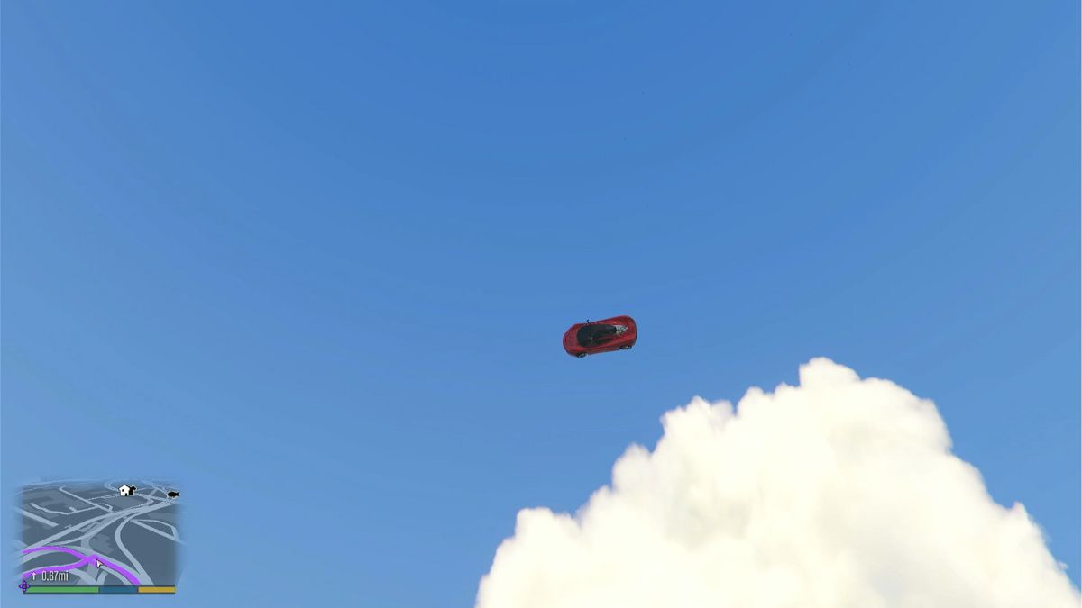 A car flying through the sky in GTA V with cheats.