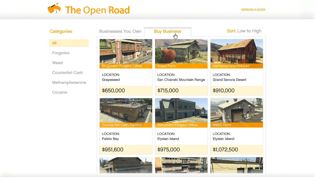 A list of businesses available to buy from the Clubhouse in GTA Online