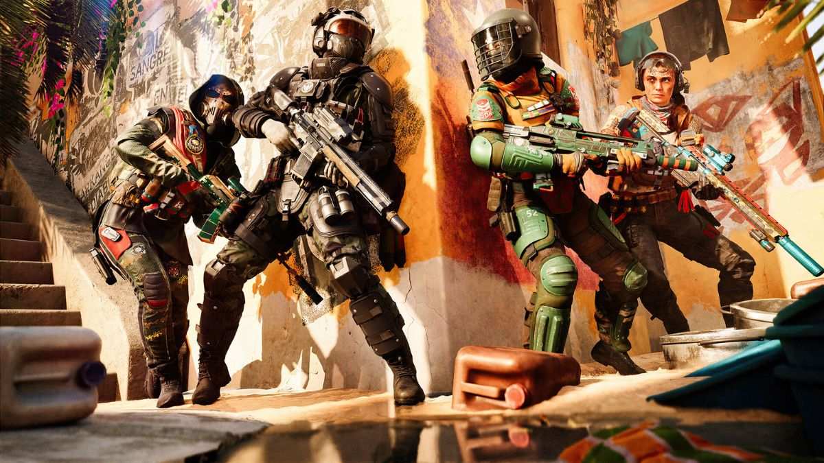 Two pairs of soldiers face off from opposite sides of a wall in Battlefield 2042.