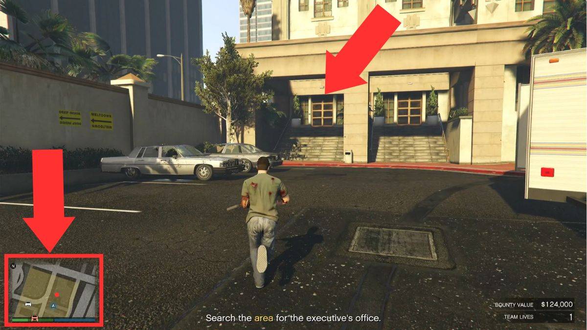 Arrows highlighting the exact location of the executive office in GTA Online bounty missions