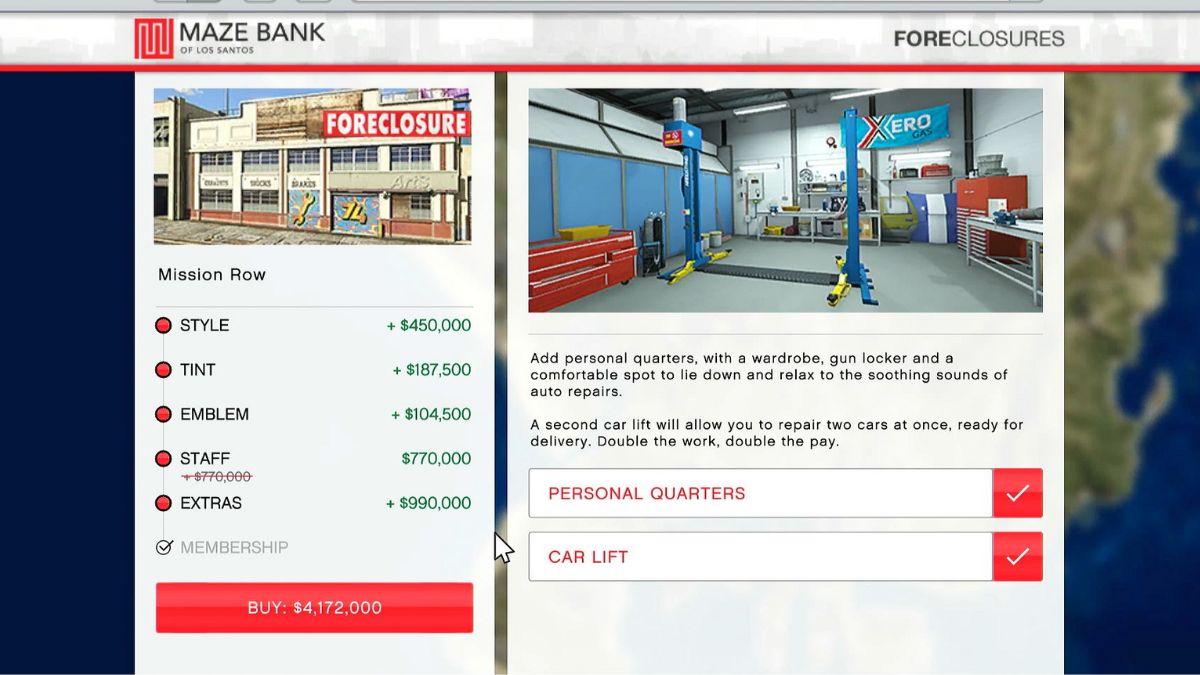 All the extras options available when buying an auto shop in GTA Online