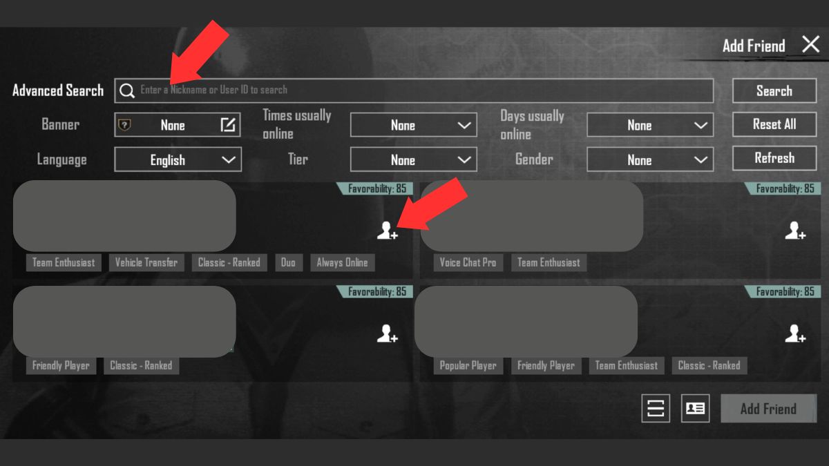 Add friend screen from PUBG Mobile with arrows showing the search bar and add friend buttons. 