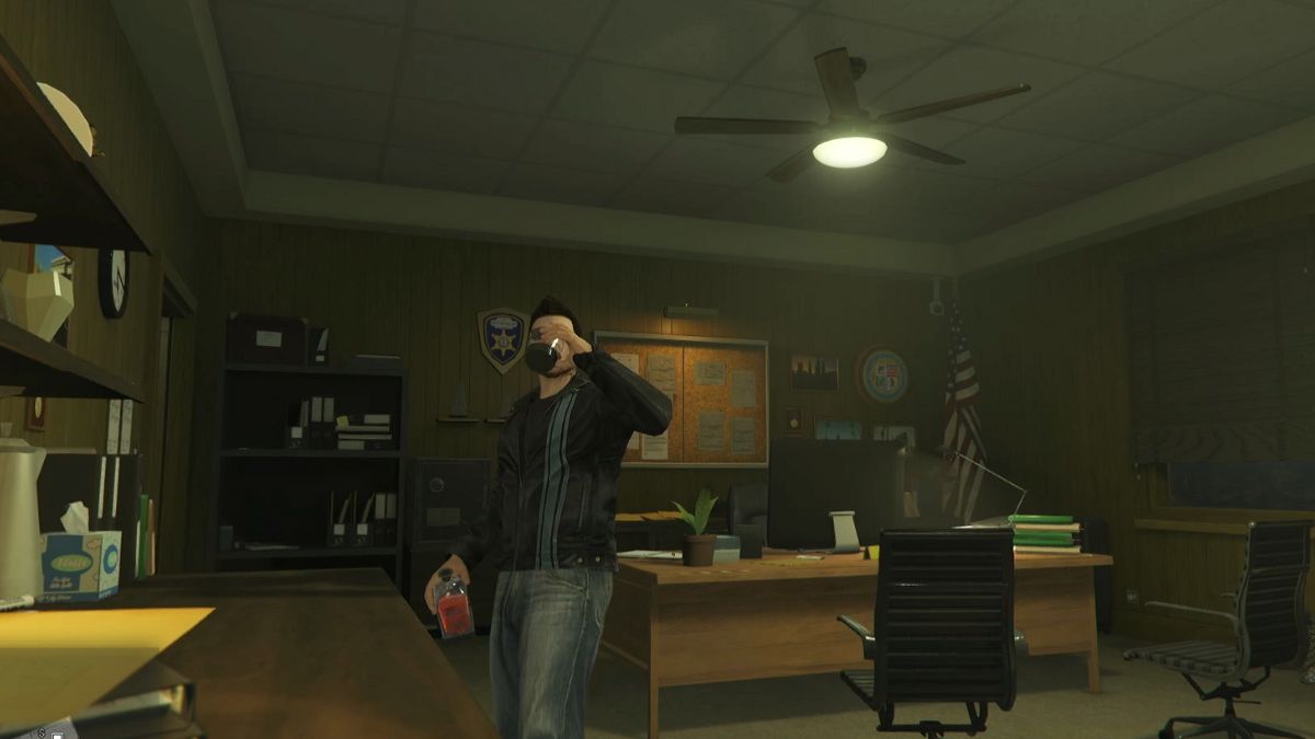 Player having an in-game drink after successfully completing the Chaz Lieberman bounty mission.