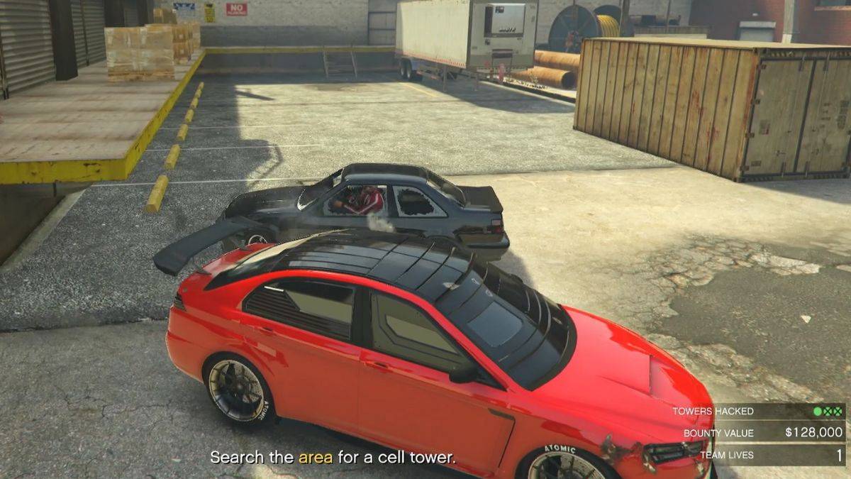 Player fighting enemies in GTA Online from an armored Kuruma in Chaz bounty mission. 