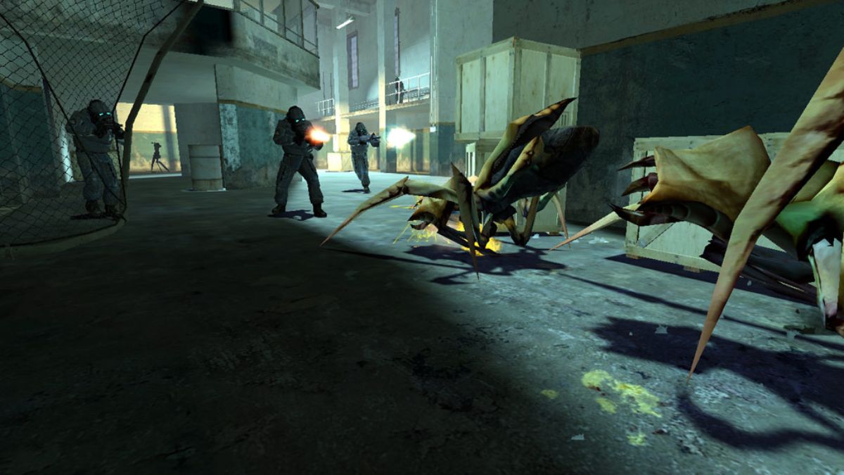 Soldiers wearing hazmat suits fight aliens in Half-Life 2.