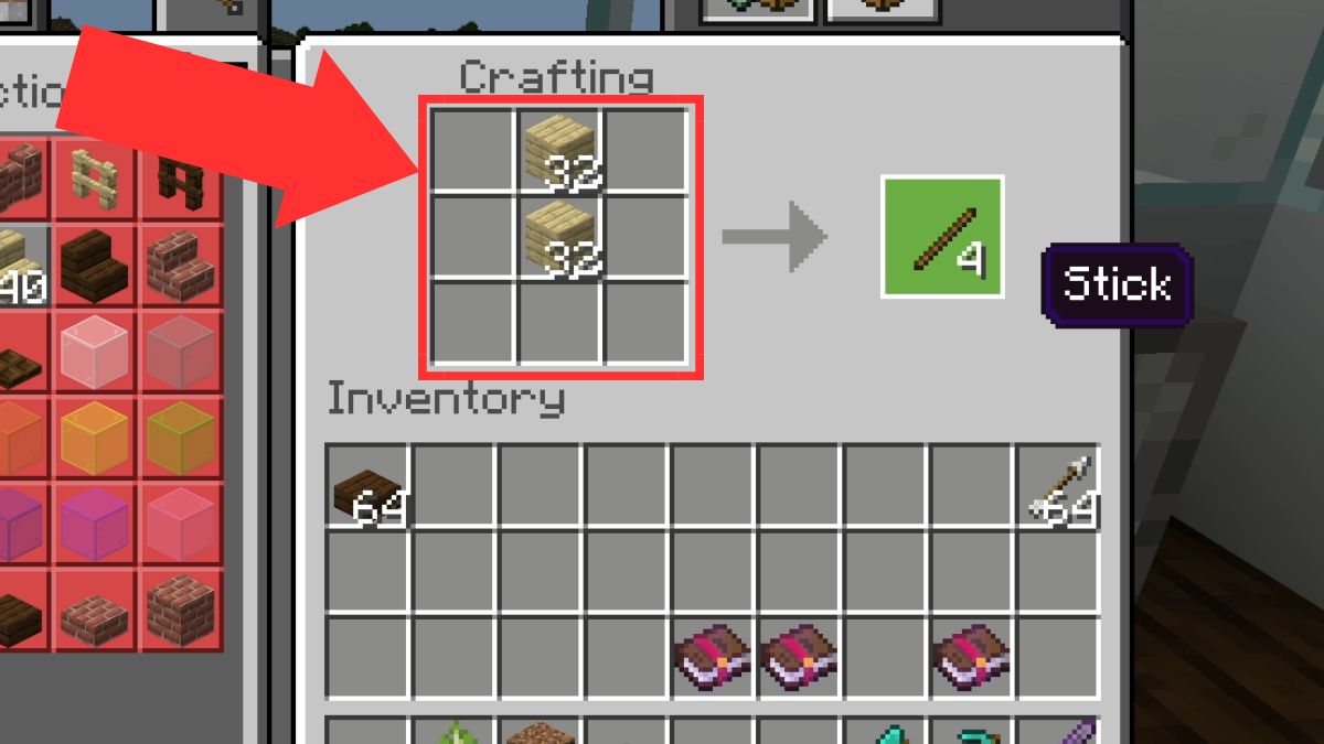 Crafting table layout to make sticks in Minecraft to use for making an armor stand.