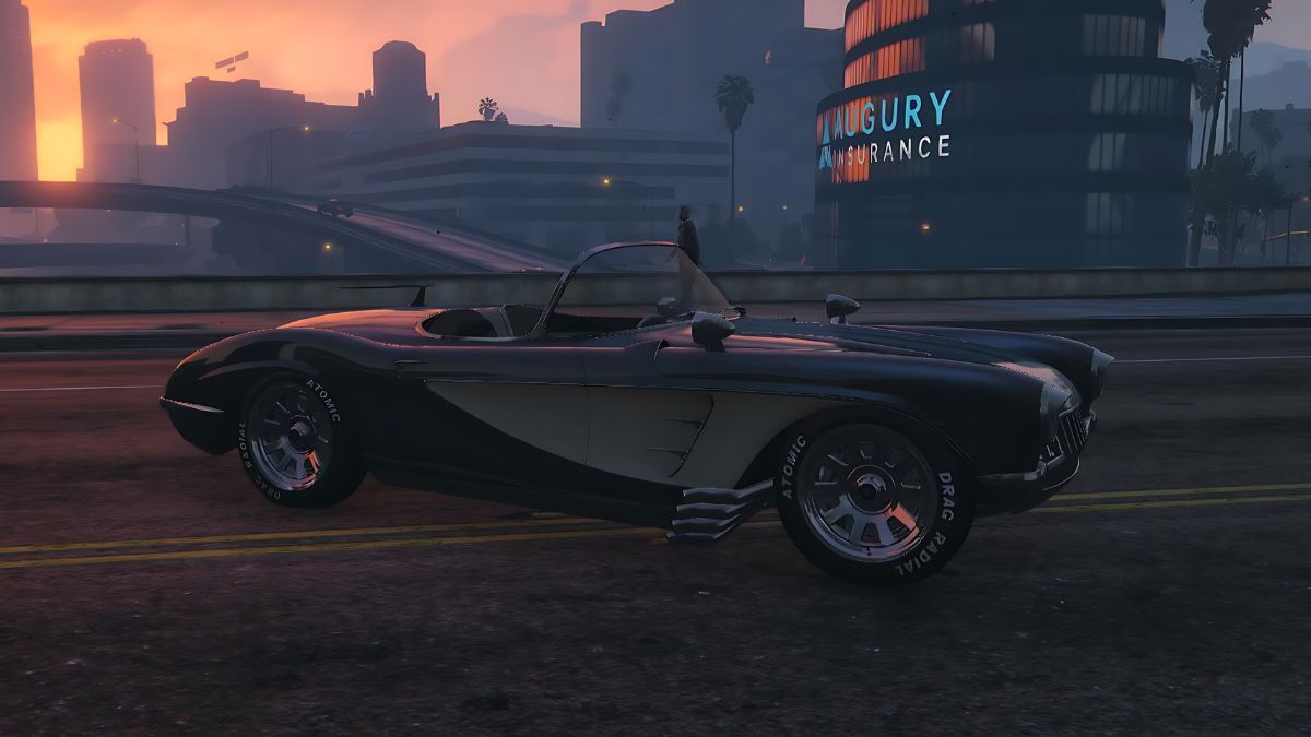 The Invetero Coquette at sunset from the Bottom Dollar Bounty DLC in GTA Online.