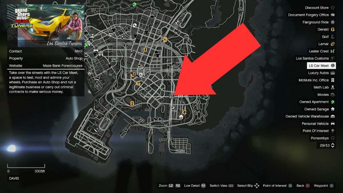 Arrow showing the location of the LS car meet on the GTA Online map