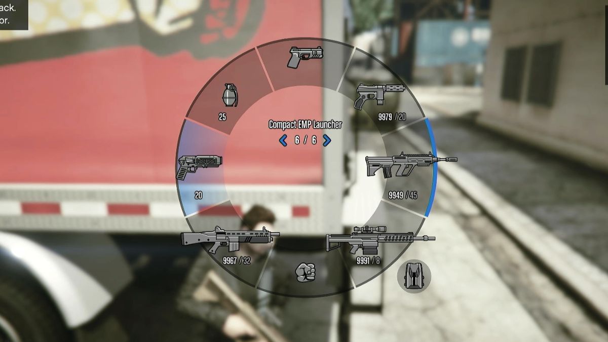 GTA Online weapon wheel highlighting the location of the EMP launcher.