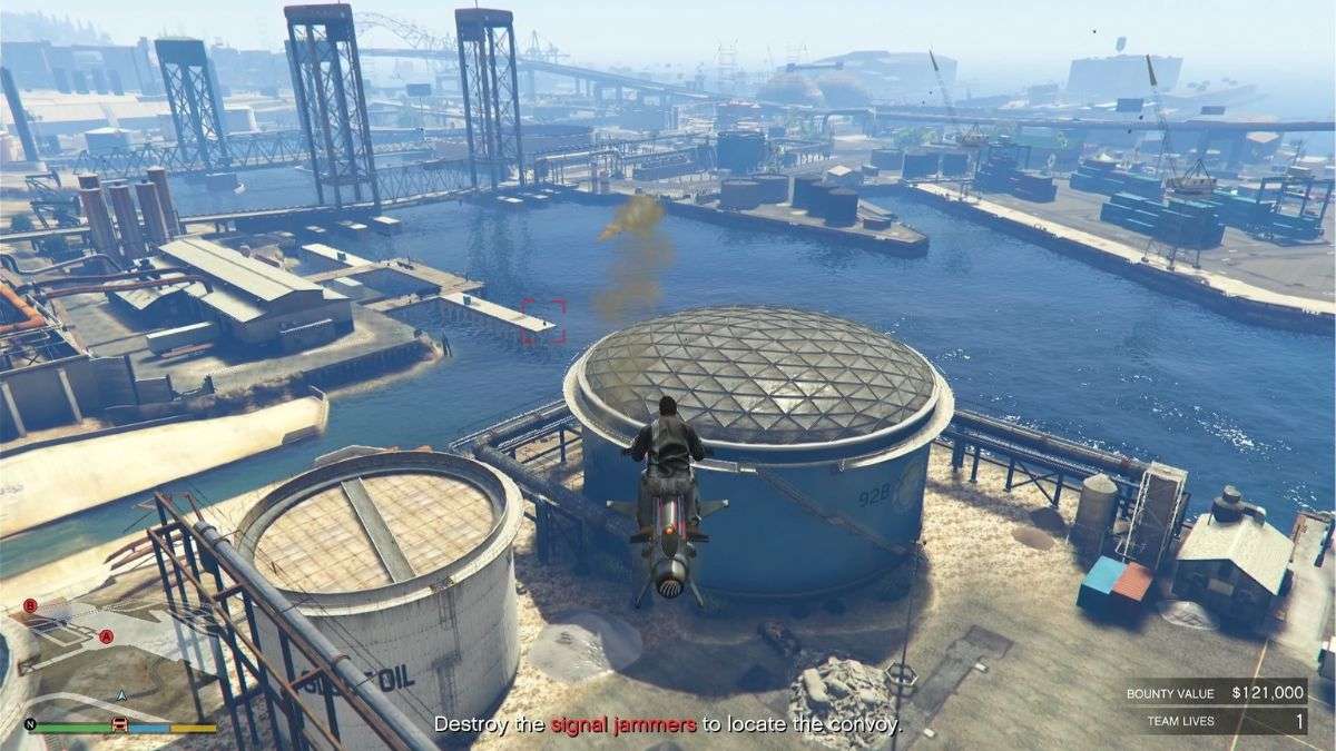 GTA Online player showing best location from which to destroy signal jammers in Brock bounty mission.