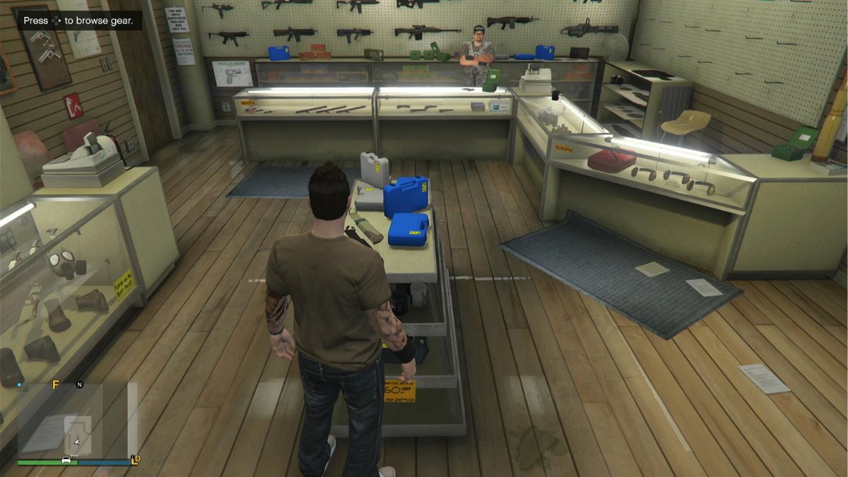 Player character showing where to buy gear in GTA Online at an Ammunation store.