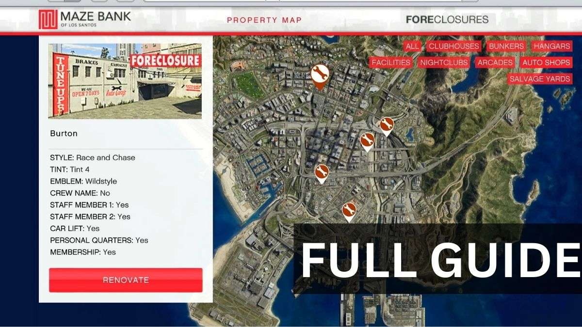A map of all auto shop locations for the purpose of explaining how to buy an auto shop in GTA Online
