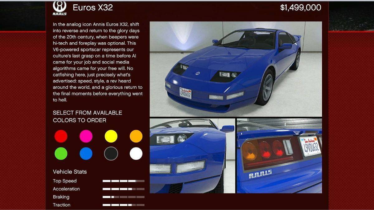 The new Annis Euros X32 car that's part of the Bottom Dollar Bounties dlc for GTA Online.