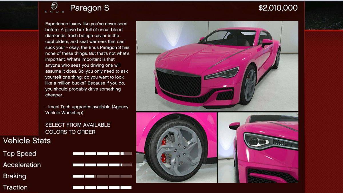 The new Enus Paragon S car that's part of the Bottom Dollar Bounties dlc for GTA Online.