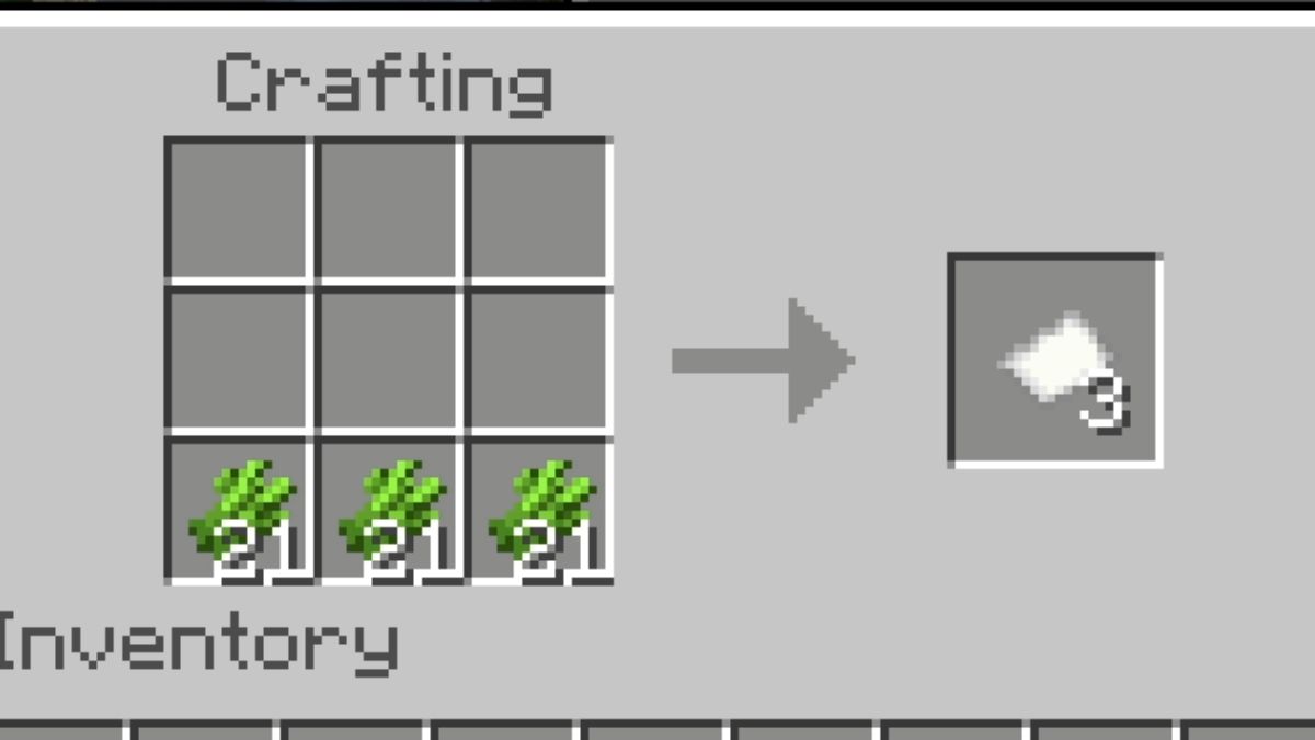 Recipe for paper on a crafting table in Minecraft.