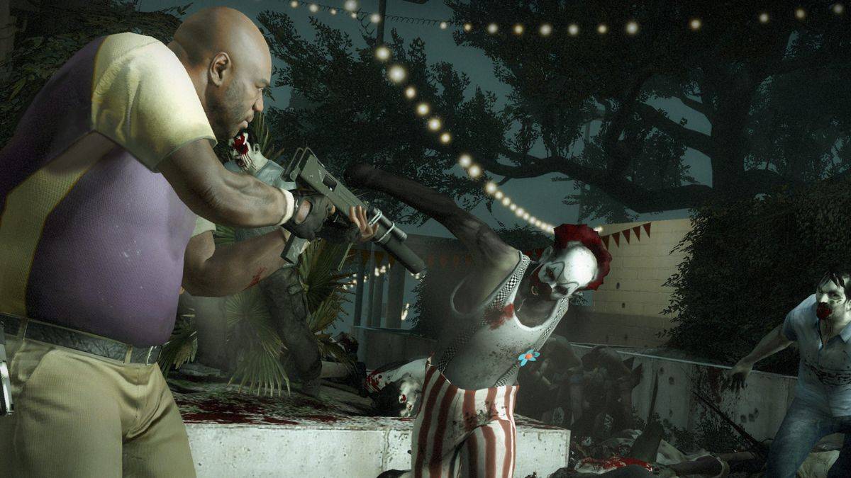 A player shoots at a clown zombie in Left 4 Dead 2.