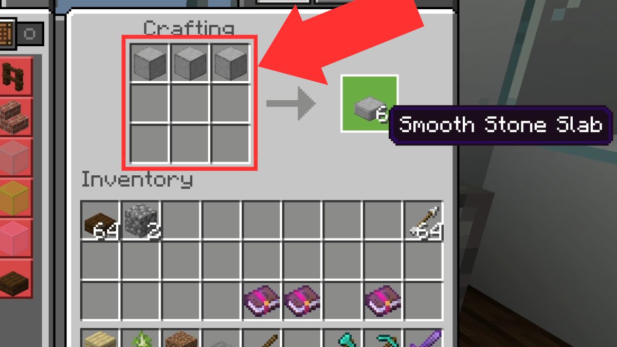 Recipe for making smooth stone slabs for learning how to make an armor stand in Minecraft.