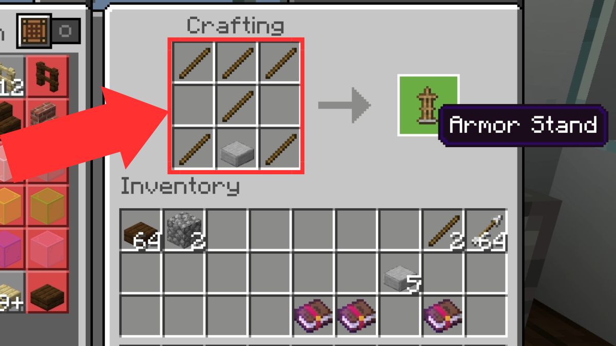 The recipe on a crafting bench that shows how to make an armor stand in Minecraft. 