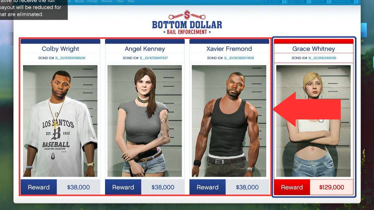 The hourly bounty targets in the bail office of the bottom dollar bounties dlc. 