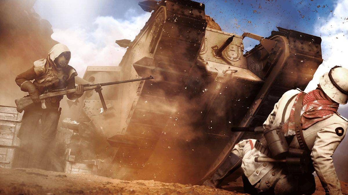Soldiers charge on the battlefield with a tank in Battlefield 1.