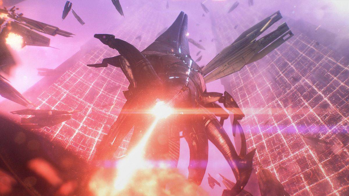 A space ship using rocket boosters in Mass Effect Legendary Edition.