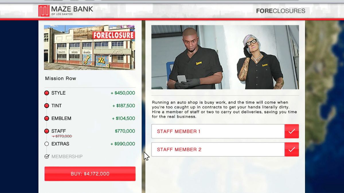 Both of the staff options available when you buy an auto shop in GTA Online
