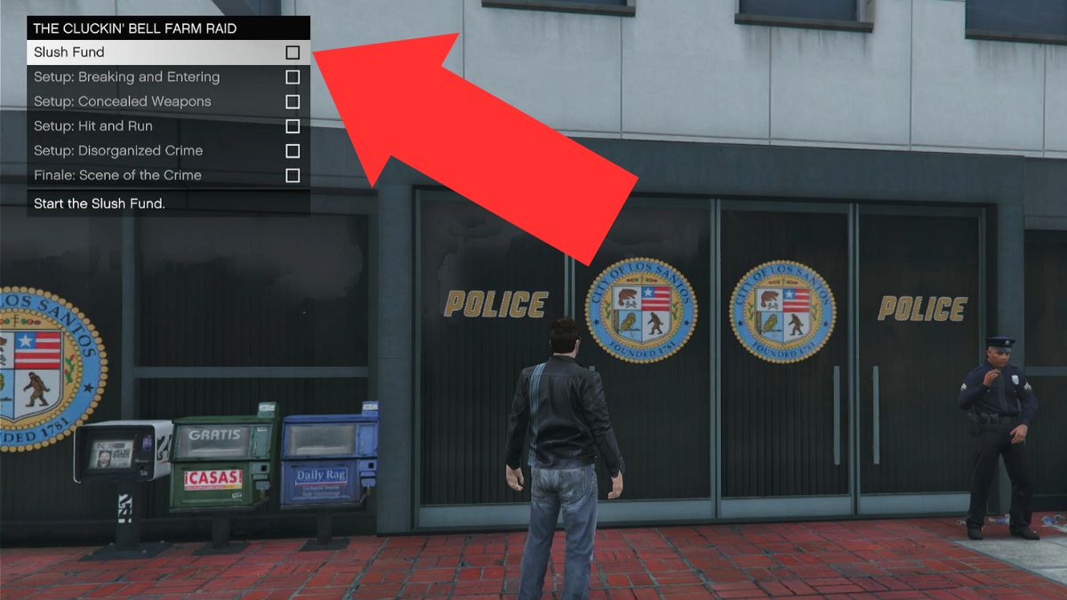 An arrow showing where to start the Slush Fund mission in GTA Online.