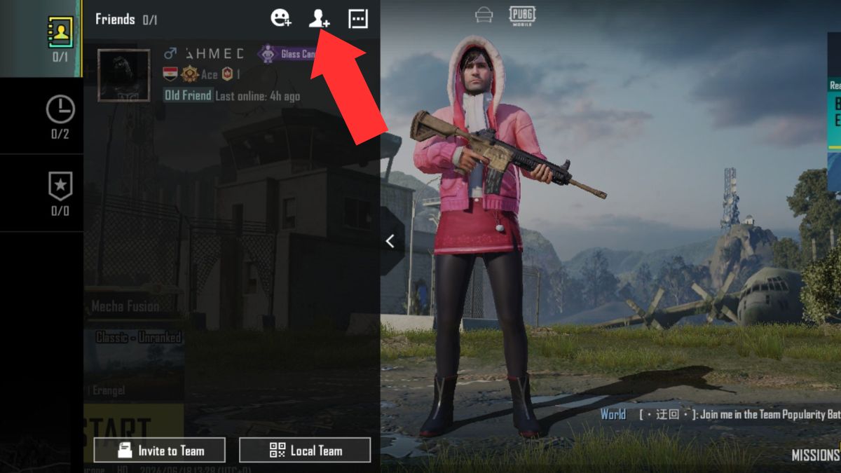 Arrow pointing to the add friend button on the PUBG squad view