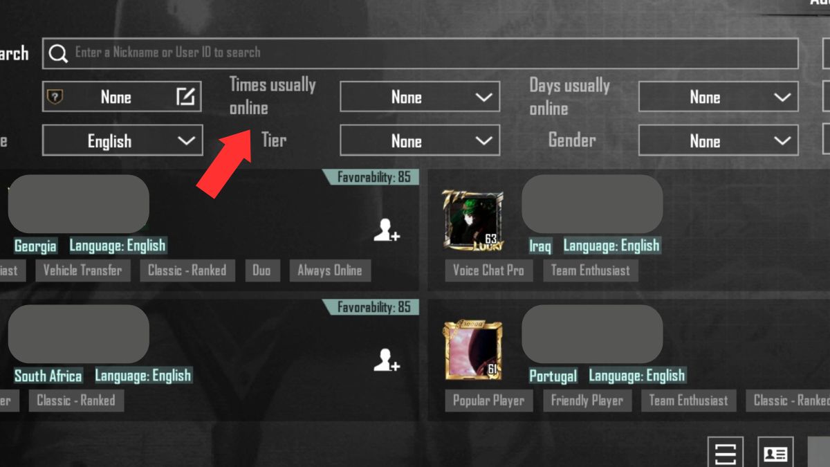 All search functions in PUBG Mobile on the add friends screen. 