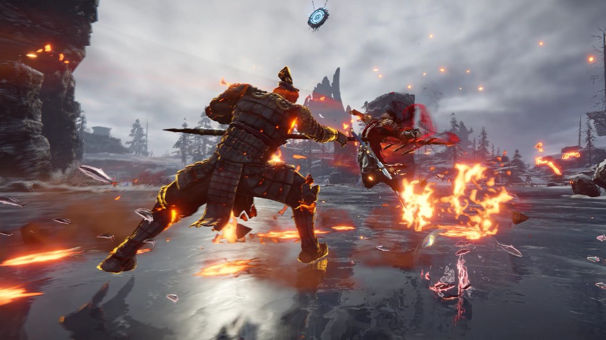 A player thrusts a spear at another player in melee combat, a feature not commonly found in games like PUBG