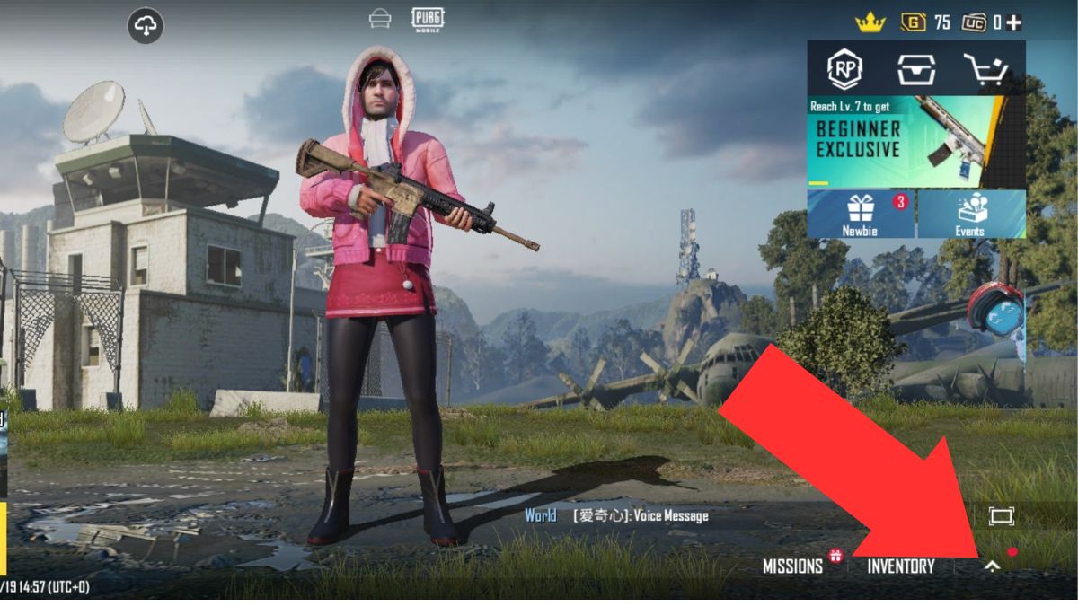 An arrow points to the side menu button, needed when logging out of PUBG mobile. 