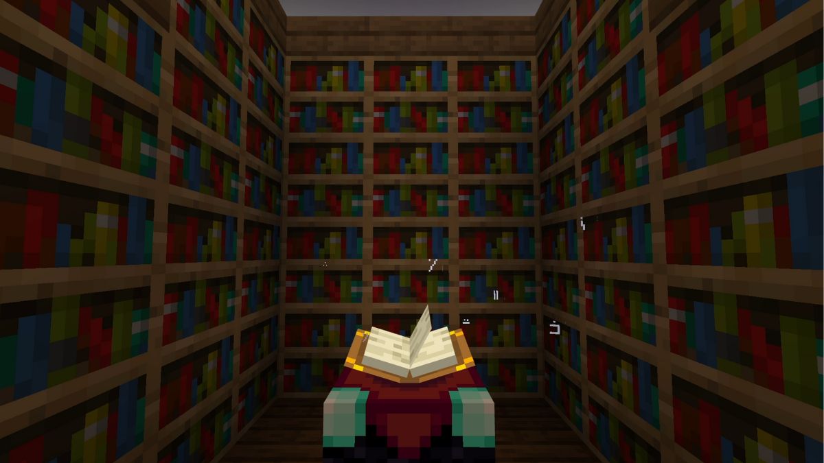Bookshelves around a crafting table after learning how to make bookshelves in Minecraft.