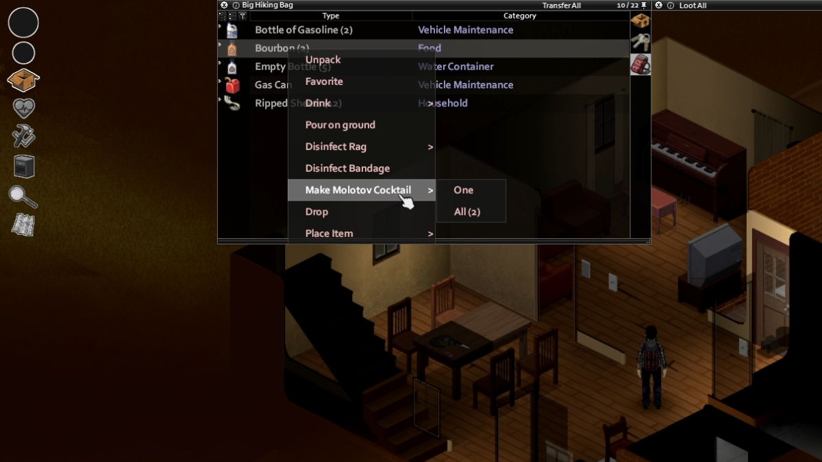 Player inventory containing items needed to make a molotov