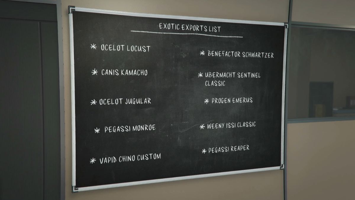 The list of exotic exports in the auto shop after learning how to buy an autoshop in GTA Online.