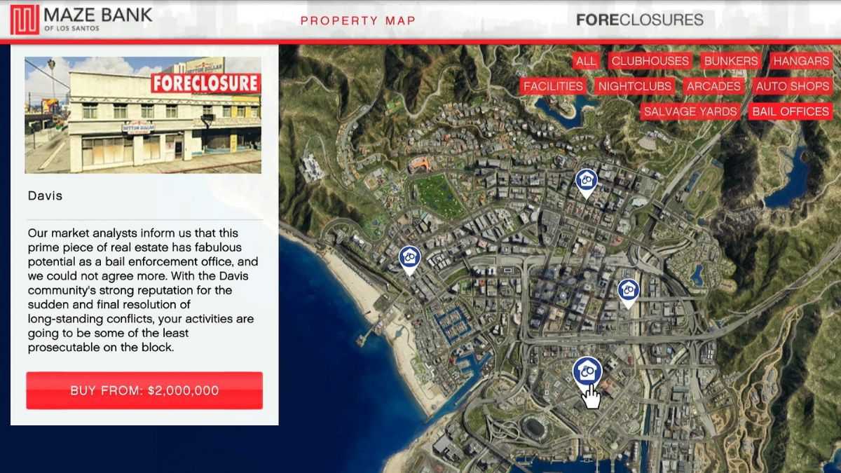 Map showing the location of the Davis bail office in GTA Online. 