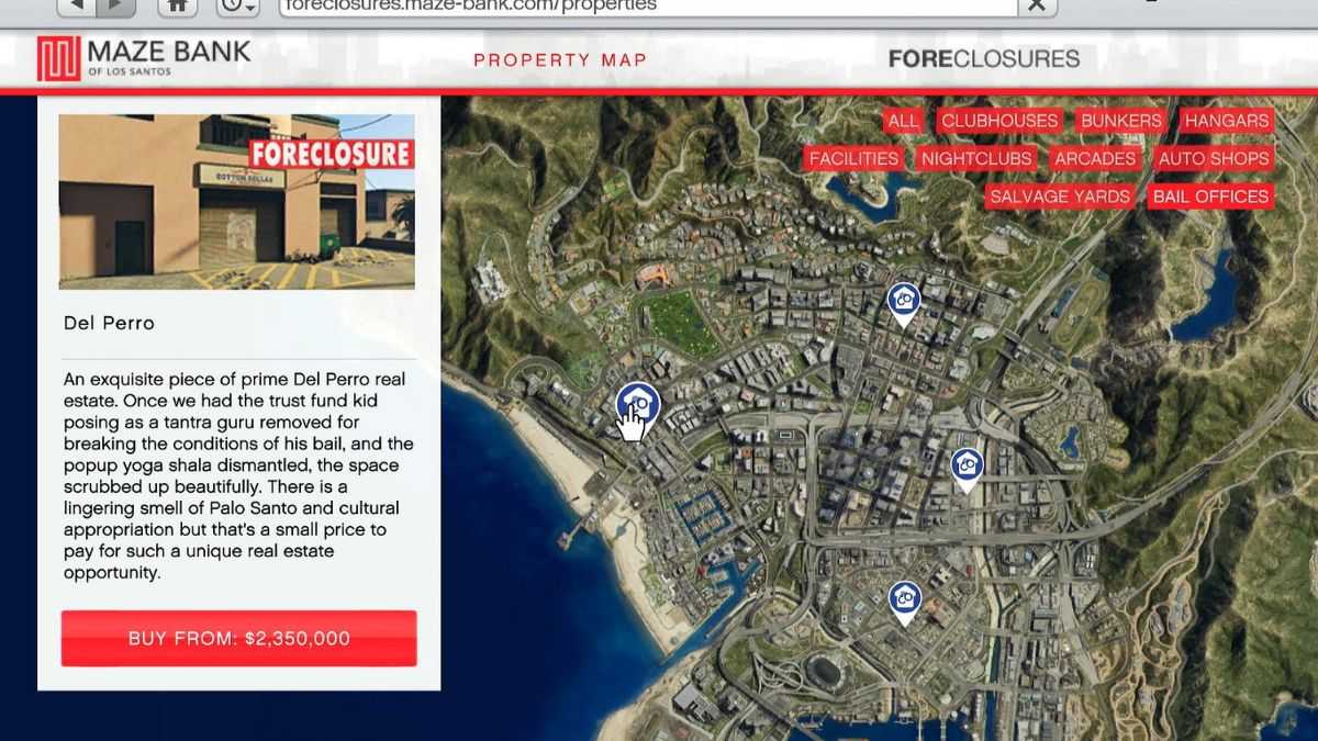 Map showing the location of the Del Perro bail office in GTA Online