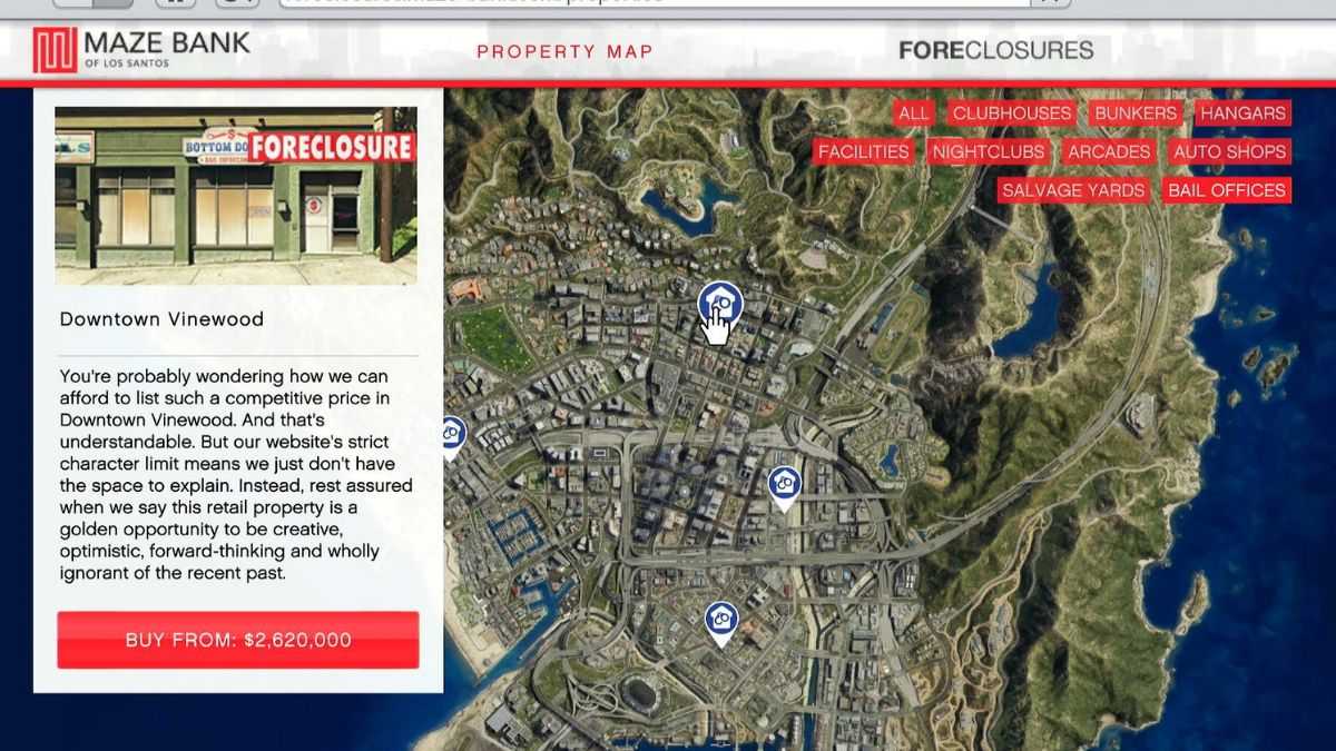 Map showing the location of the Downtown Vinewood bail office in GTA Online