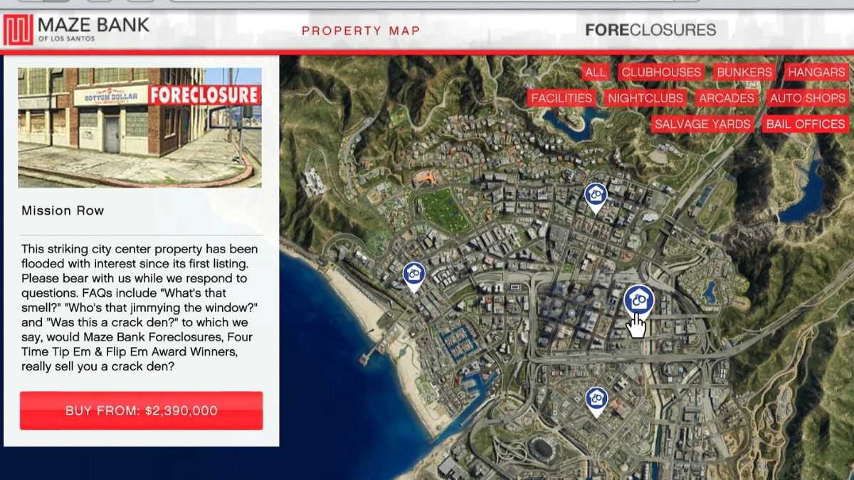 Map showing the location of the Mission Row bail office in GTA Online