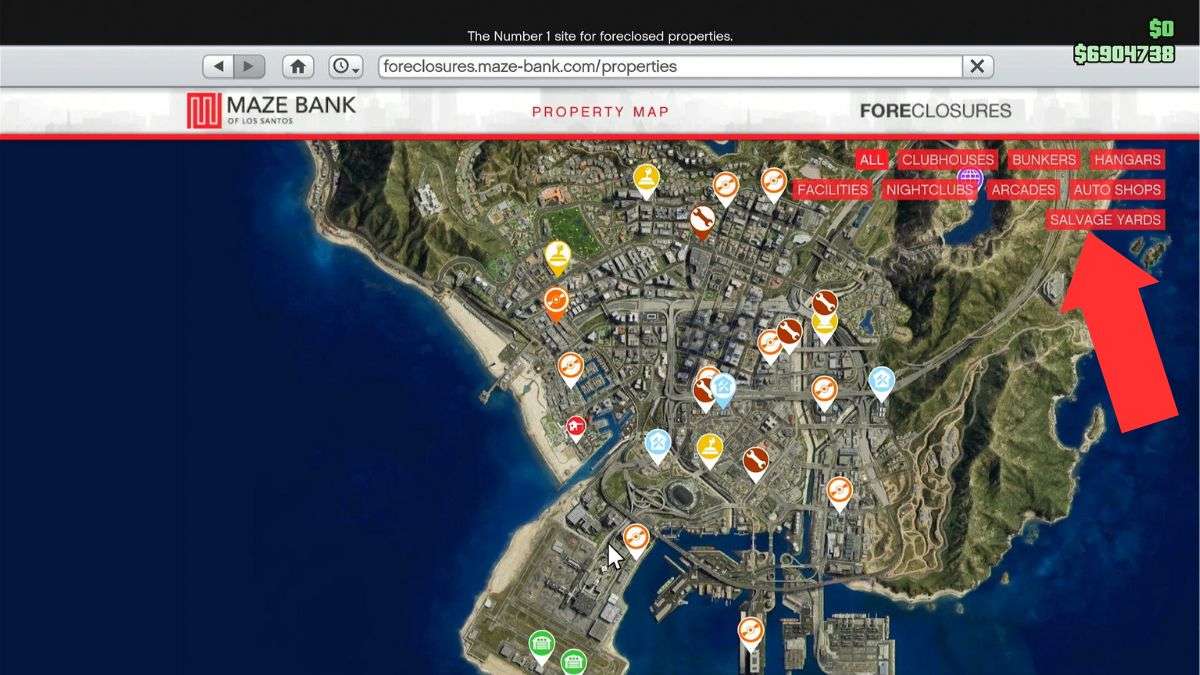 A map of businesses to buy in GTA V Online with arrows showing how to purchase. 