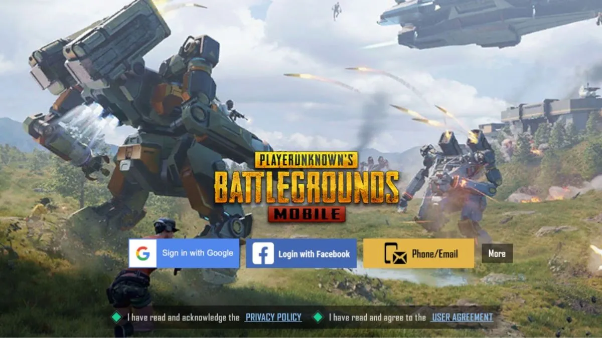 Mechs do battle on the PUBG home screen after player learns how to log out of PUBG Mobile