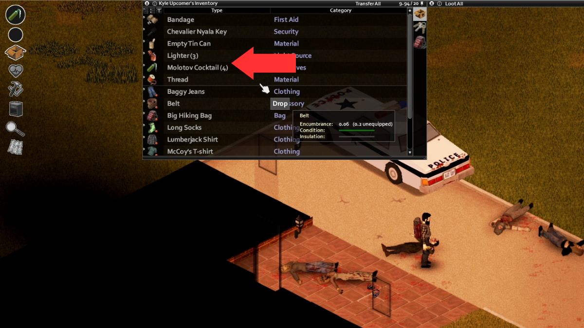 Player inventory with an arrow pointing to the lighter and molotov