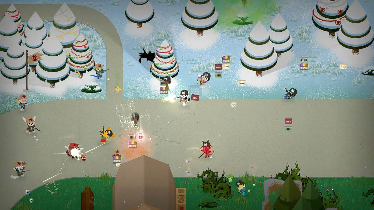 Multiple enemies engage each other with guns in Super Animal Crossing