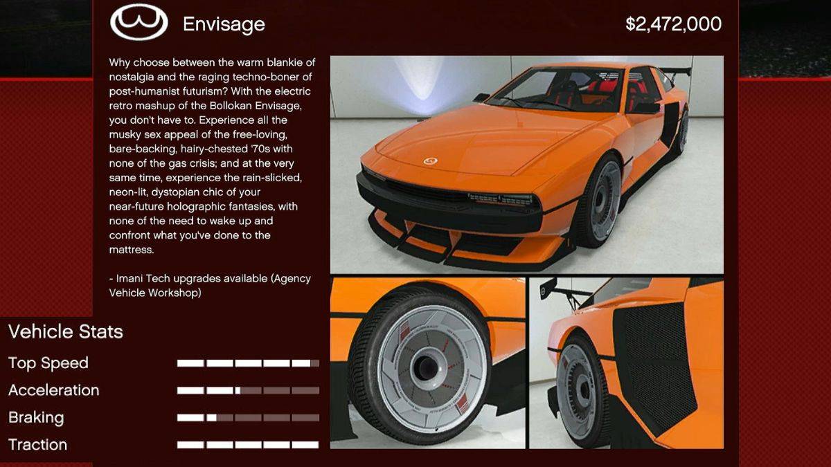 The new Bollokan Envisage car that's part of the Bottom Dollar Bounties dlc for GTA Online.